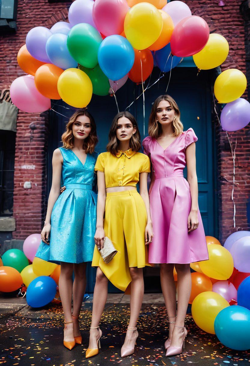 A vibrant fashion scene showcasing models wearing stylish nylon outfits in various colors and designs, surrounded by whimsical confetti and balloons to evoke a sense of celebration. The background features a lively urban landscape, blending elegance with playfulness. Bright, cheerful lighting creates a joyful atmosphere. super-realistic. vibrant colors. fashion photography.