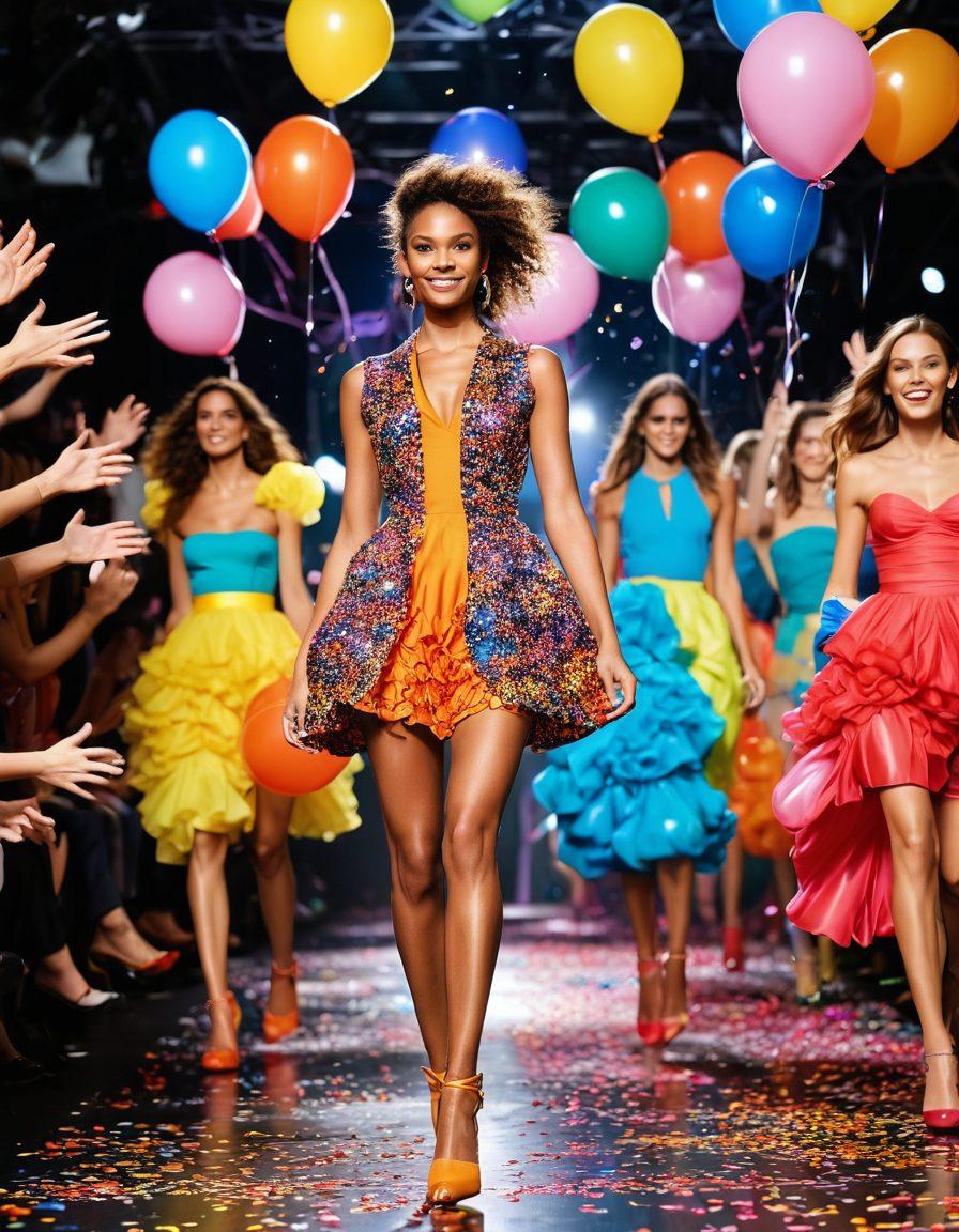 A vibrant fashion show scene showcasing models in exclusive, colorful nylon outfits, exuding joy and energy. Incorporate playful confetti and balloons in the air, with an enthusiastic crowd applauding in the background. Use a bright and lively palette to express the ecstatic nature of the event, highlighting the textures of the nylon fabric. Include elements like spotlights and a runway for dynamic effect. super-realistic. vibrant colors. high fashion style.